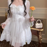 HOUZHOU White Kawaii Dress Women Chiffon Lolita Style Long Sleeve Mini Dresses Bow Fairy Robe Ruffles Patchwork Square Collar LANFUBEISI