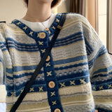 LANFUBEISI Autumn Vintage Cardigan Sweater Blue Long Sleeve Sweater Coat V-neck Casual Knitted Jumpers Womens Korean Style Clothes