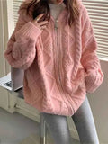 HOUZHOU Korean Fashion Knit Cardigan Women 2022 Autumn Winter Casual Loose Zipper Hooded Thick Sweater Coat Long Sleeve Pink Top LANFUBEISI