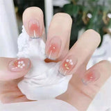 24Ps/Set Medium Long French Fake Nails Bow Japan Nude Pink with Pearls Artificial Acrylic Press on Nails Removable Stick on Nail LANFUBEISI