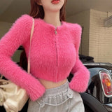 LANFUBEISI Coat Women's Sweater Top Knitted Cardigan Plush Off Shoulder Short Style Gentleness Mink Solid Color Zipper Design