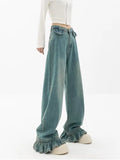 Blue Ruffled Straight Jeans Women's  Korean Baggy Loose High Waist Wdie Leg Washed Flare Denim Pants Mopping Trousers Female Y2K LANFUBEISI