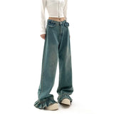 Blue Ruffled Straight Jeans Women's  Korean Baggy Loose High Waist Wdie Leg Washed Flare Denim Pants Mopping Trousers Female Y2K LANFUBEISI