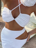 Two-Piece Dress Sets for Women Chic Flower Decor Halter Tie-up Crop Tube Tops+Midi Cutout Bodycon Skirts Party Suit LANFUBEISI