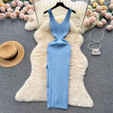 YuooMuoo Women Dress Sexy V-neck Slim Elastic Ribbed Knitted One Piece Bodycon Dress Streetwear Lady Vestidos LANFUBEISI