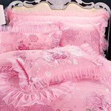 LANFUBEISI Red Pink Luxury Lace Wedding Bedding Set King Queen Size Princess Bed Set Jacquard Embroidery Duvet Cover Bedspread Bed Sheet LANFUBEISI