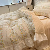 LANFUBEISI Romantic 100%Cotton Twin Bedding Elegant Pink Purple Floral Duvet Cover Set White Lace Ruffle 1.2/1.5/1.8m Bedskirt Pillowcases LANFUBEISI