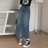 Women's Denim Wrap Skirts Retro High Waisted Split A-line Denim Skirt Autumn Fashion Straight Skirt Female LANFUBEISI