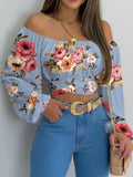 Women Elegant Boho Print Blouse Casual Long Lantern Sleeve Off Shoulder Slim Shirt Female Chic Cropped Top Summer Tunics LANFUBEISI