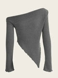 Women Solid Autumn Winter Grunge Asymmetrical Neck Rib-knit Tee Strapless Blouse Long Sleeve Casual Sweater Handkerchief Hem LANFUBEISI