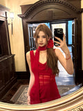 Vintage Red Y2k Mini Dress Women Casual Sexy Bodycon Dress Even Party Female Design Beach Style Elegant Clothing Outwear Korean LANFUBEISI