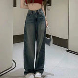 Vintage Blue Wide Leg Jeans for Women Y2K High Street Loose Denim Straight Trousers Woman Korean High Waist Baggy Pants LANFUBEISI