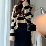 Knitted Sweater and Dress Set for Women Elegant Stripe Outfit V Neck Top Korean Fashion Casual Dress Autumn Winter New 2 Pcs LANFUBEISI