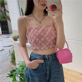 Women Sleeveless Lace Camisole Floral Spaghetti Strap Tank Top Female Summer Pink Vest With Chest Pad Crop Top 2000s Clothes Y2k LANFUBEISI