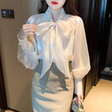 Korean Style Shirt Female Big Bow Tie Blouse Retro Lantern Long-Sleeved Elegant Blouses Women 2022 Spring New Pink Organza Tops LANFUBEISI