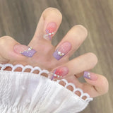 24Pcs/Box Cherry False Nails Pink with Glue Short Ballerina Wearable Fake Nails Acrylic Art Full Cover Press on Nails Tips LANFUBEISI