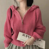 Women Long Sleeve Sweater Korean Style Casual Outerwear Woman Fashion Chic Zip Up Cardigan Knit Top Female Hooded Jumper LANFUBEISI