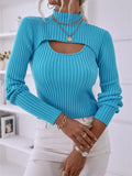 LANFUBEISI Women Knit Two-Piece Sweater Set Autumn Office Lady High Neck Long Sleeve Crop Tops+Ribbed Sling Vest Knitwear Outfit