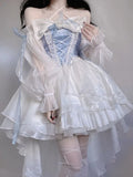 French Romantic Style Lolita Op Elegant Girl Cosplay Princess Puff Sleeve Ribbon Bowknot Flower Tunic Mesh Fantastic Fairy Dress LANFUBEISI