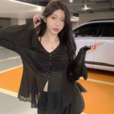Xpqbb Autumn Thin Knit Cardigan Women Sexy See Through Single-Breasted V-Neck Sweater Korean Fashion Flare Sleeve Bottoming Tops LANFUBEISI