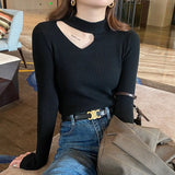 Women Sexy Halter Neck Hollow Out Sweater Solid Full Sleeve Slim Spring Autumn Bottoming Knitted Tops LANFUBEISI