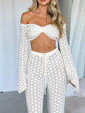 Hollow Out Crochet Knit Pants Sets Women Casual Two-Piece Outfit See Through Long Sleeve Crop Tops+High Waist Long Pants LANFUBEISI