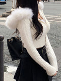 Sweet Furry Trim Hooded Knitted Cropped Cardigans Slim Zipper Long Sleeve Sweaters Women Autumn Winter Fashion Lady LANFUBEISI