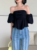 Puff Sleeve Blouses Women Off-shoulder Thin Summer Elegant Sweet Retro Fashion French Style Tender Holiday Girlish Блузки Ins BF LANFUBEISI