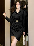 2024 Green Satin Polo Collar Luxury Mini Dress Women Korean Vintage Black Party Vestidos Spring Autumn Elegant Office Lady Dress LANFUBEISI