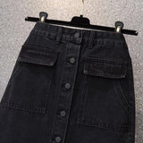 Oversized Women Black Denim Skirts Autumn New High Waist Single Breasted  A-line Ladies Skirts Elegant Slit Midi Jean Skirts LANFUBEISI