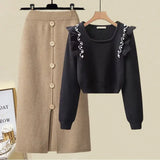 Women's French Spring Autumn Suit Fashion Elegant Pearl Ruffle Beaded Sweater Top Knitted Shirt Split Half Skirt Two Piece Sets LANFUBEISI