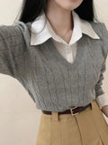 Autumn Knitted Pullover Women Preppy Style Fake Two Piece Sweater Korean Fashion Long Sleeve Top Female Elegant Patchwork Shirt LANFUBEISI