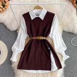 Korean Chic Y2k Lapel Lantern Sleeves White Shirt +V-neck Knitted Vest Two-piece Set Clothes Women New Autumn LANFUBEISI