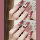 24Ps/Set Medium Long French Fake Nails Bow Japan Nude Pink with Pearls Artificial Acrylic Press on Nails Removable Stick on Nail LANFUBEISI