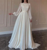 Simple White Wedding Dress Round Neck Long Sleeve Evening Gown Chiffon Elegant Summer Formal Occasion Latest Style 2023 LANFUBEISI