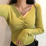 Zoki Sexy V Neck Women Sweater Autumn Knitted Pullover Jumper Chic Soft Korean Slim Long Sleeve Female Basic Top New LANFUBEISI