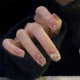 24Ps/Set Medium Long French Fake Nails Bow Japan Nude Pink with Pearls Artificial Acrylic Press on Nails Removable Stick on Nail LANFUBEISI