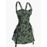 Womens Sexy Mini Dresses Skull Animal Plant Print Buckle Strap Dress Lace Up Half Zipper Mini Dress Green Dress Sundress LANFUBEISI