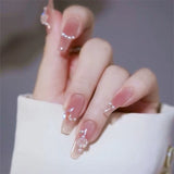 24Ps/Set Medium Long French Fake Nails Bow Japan Nude Pink with Pearls Artificial Acrylic Press on Nails Removable Stick on Nail LANFUBEISI