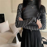 New Black Striped Sweater Women Knitted Pullover Autumn Long Sleeve Turtleneck Knitwear Korean Bottoming Shirt Stretch Jumpers LANFUBEISI