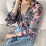 Women's Chiffon Shirt Floral Print V-Neck Long Sleeve Fashion Cozy Loose Blouse LANFUBEISI