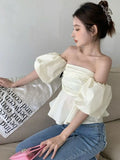 Puff Sleeve Blouses Women Off-shoulder Thin Summer Elegant Sweet Retro Fashion French Style Tender Holiday Girlish Блузки Ins BF LANFUBEISI
