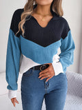 Patchwork Color Lantern Long Sleeve Knitted Sweater Women Casual Pullovers Autumn Winter 2023 LANFUBEISI