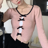Y2K Sweet Cute Bow Hollowed Knitted Crop Tops Women Long Sleeve Slim Fit Tees 00s Retro Aesthetic Kawaii Korean T-shirt Clothes LANFUBEISI