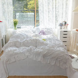 LANFUBEISI White Ruffled Seersucker Duvet Cover Set 3/4pcs Soft Princess Girls Bedding Set With Bed Sheet Pillowcases Wedding Home Textiles LANFUBEISI