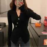 Women Autumn Winter New Irregular V-neck Sweater Trendy Sweet Waist Slim Fit Pullover Knit Shirt Solid Button Long Sleeved Tops LANFUBEISI