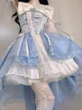 French Romantic Style Lolita Op Elegant Girl Cosplay Princess Puff Sleeve Ribbon Bowknot Flower Tunic Mesh Fantastic Fairy Dress LANFUBEISI