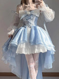 French Romantic Style Lolita Op Elegant Girl Cosplay Princess Puff Sleeve Ribbon Bowknot Flower Tunic Mesh Fantastic Fairy Dress LANFUBEISI