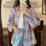 Plaid Shirt Women Autumn Long Sleeve Top Female Vintage Fashion Single Breasted Blouse Ladies Preppy Style Loose Check Shirts LANFUBEISI