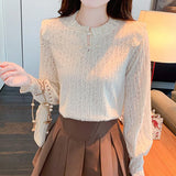 2024 New Fashion Long Sleeve Lace Blouse Women Apricot Lantern Sleeve Casual Women's Blouse Solid Sweet Ladies Shirt Blusas1222 LANFUBEISI